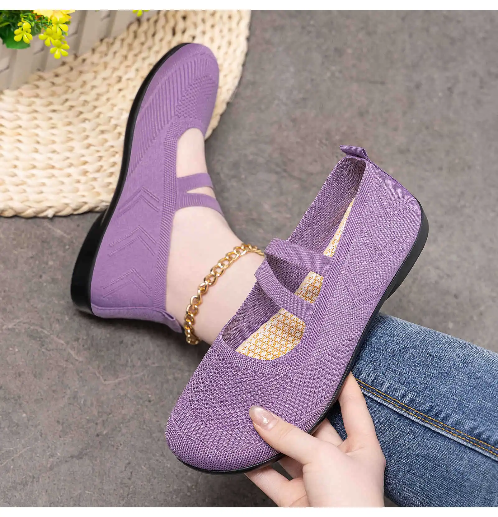 Women's Breathable Knit Sneakers Casual Ballet Flats Mary Janes Lightweight MeshFemale Dress Flats Shoes Footwear Summer