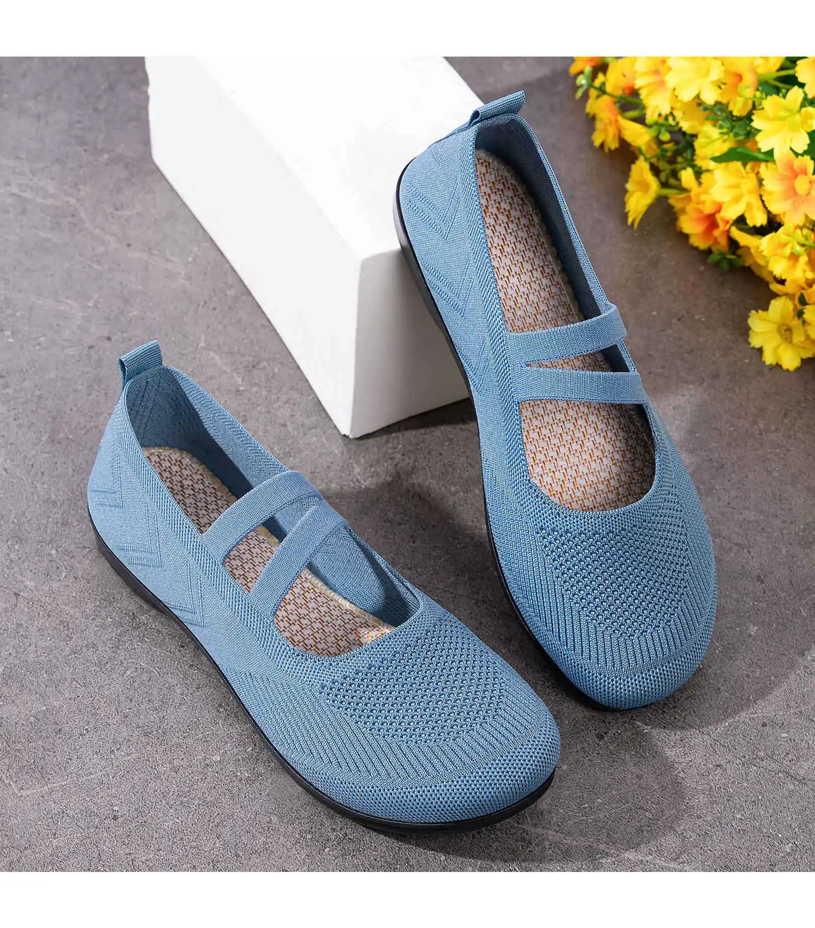 Women's Breathable Knit Sneakers Casual Ballet Flats Mary Janes Lightweight MeshFemale Dress Flats Shoes Footwear Summer