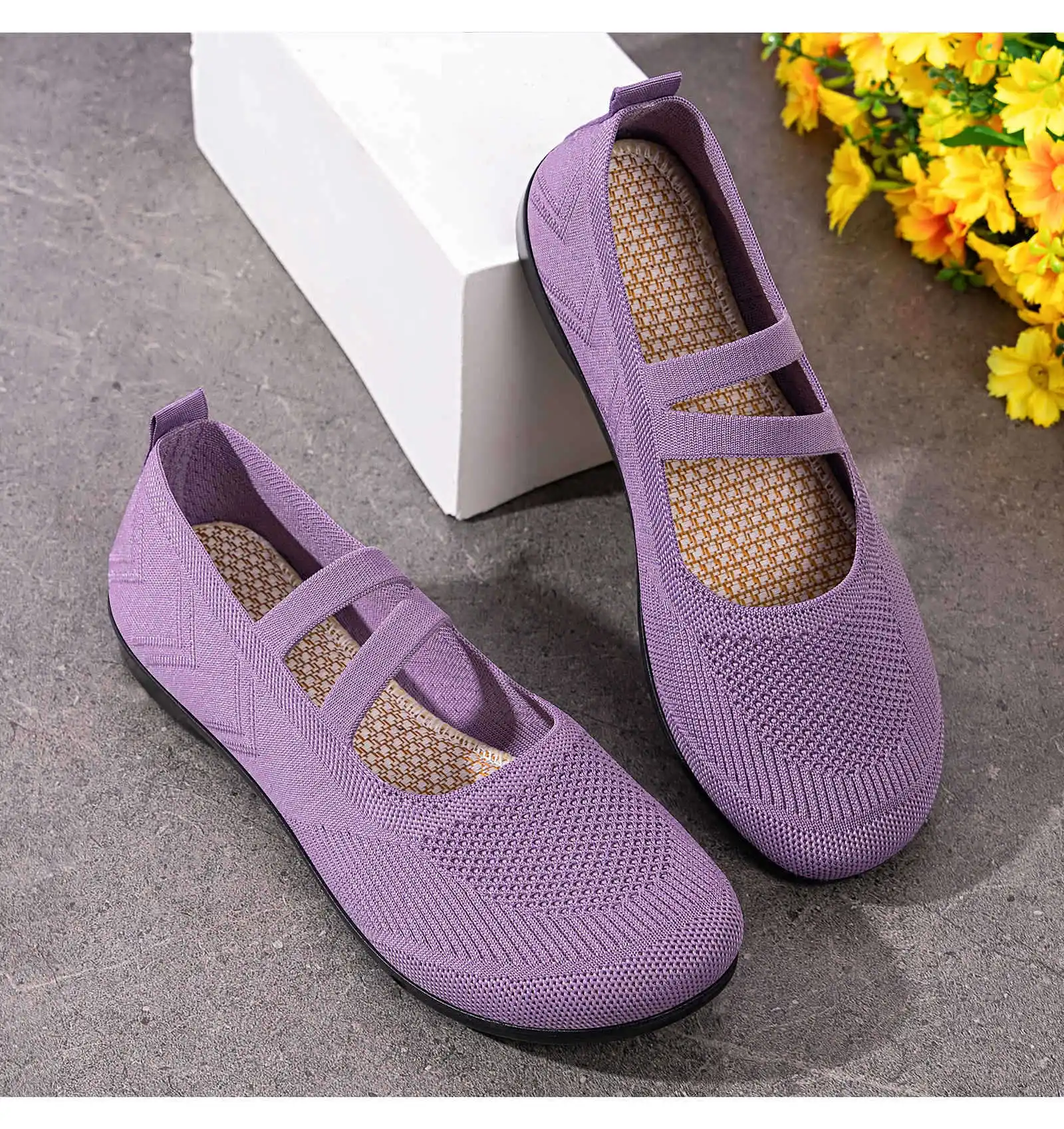 Women's Breathable Knit Sneakers Casual Ballet Flats Mary Janes Lightweight MeshFemale Dress Flats Shoes Footwear Summer