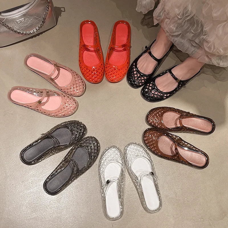 Women's Light Luxury Crystal Jelly Mary Jane Flat Sandals Hollow-out Breathable Closed Toe Summer Casual Non-slip Slip-on Shoes