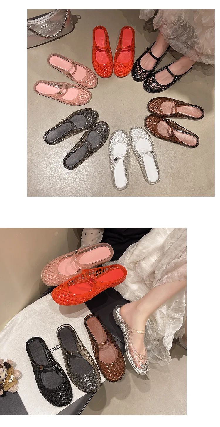 Women's Light Luxury Crystal Jelly Mary Jane Flat Sandals Hollow-out Breathable Closed Toe Summer Casual Non-slip Slip-on Shoes