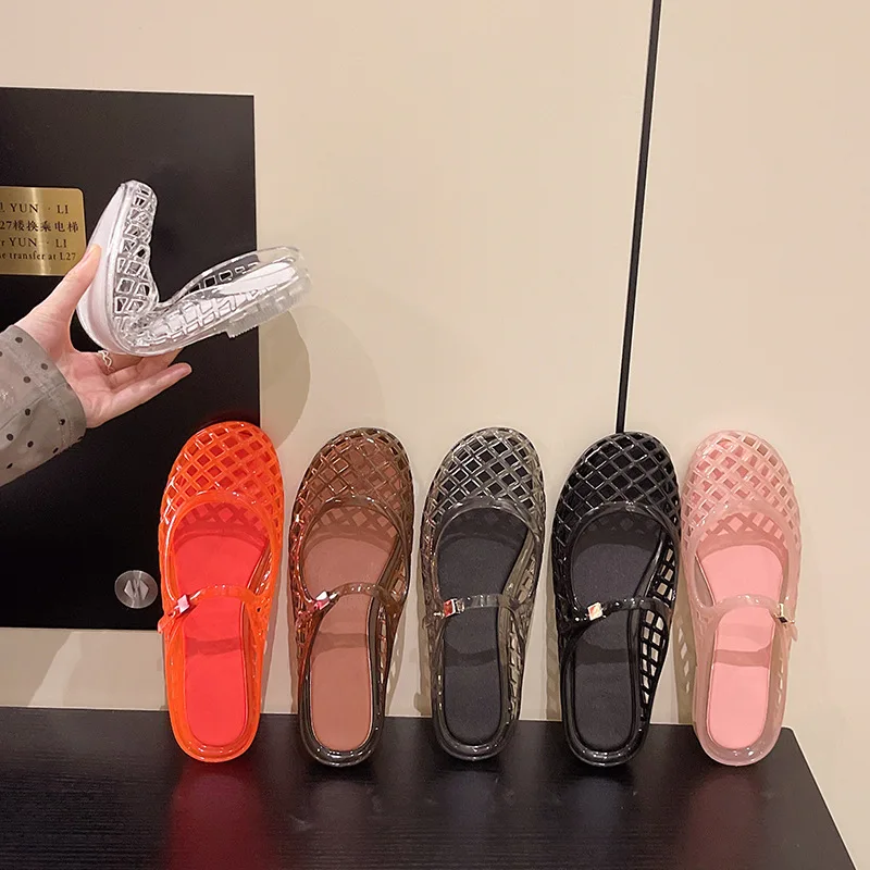 Women's Light Luxury Crystal Jelly Mary Jane Flat Sandals Hollow-out Breathable Closed Toe Summer Casual Non-slip Slip-on Shoes