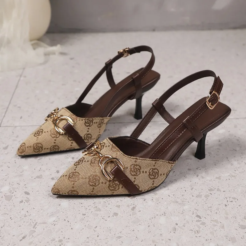 Women's Fashion Baotou Sandals Spring New Pointed Head Shallow Mouth Metal Buckle Anti-slip Wear-resistant High Heels