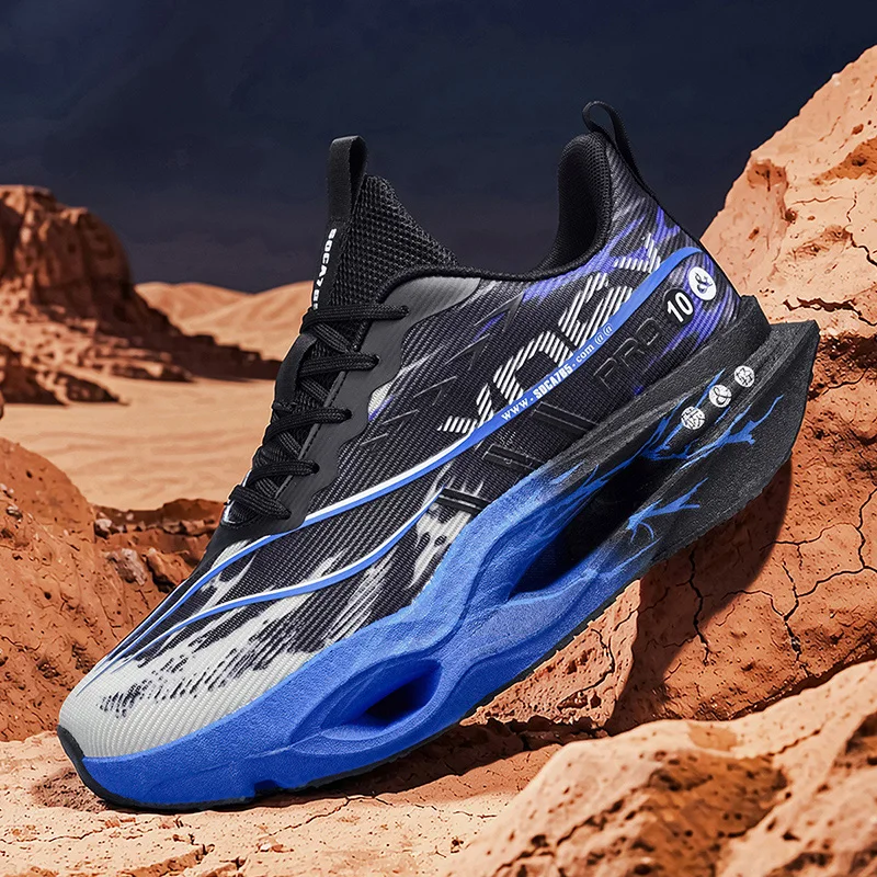 Men's casual sports shoes with carbon plate for running assistance, breathable mesh, comfortable low-top lace-up trail running shoes, zero drop thick sole, slow rebound, non-slip, suitable for gym jogging and camping