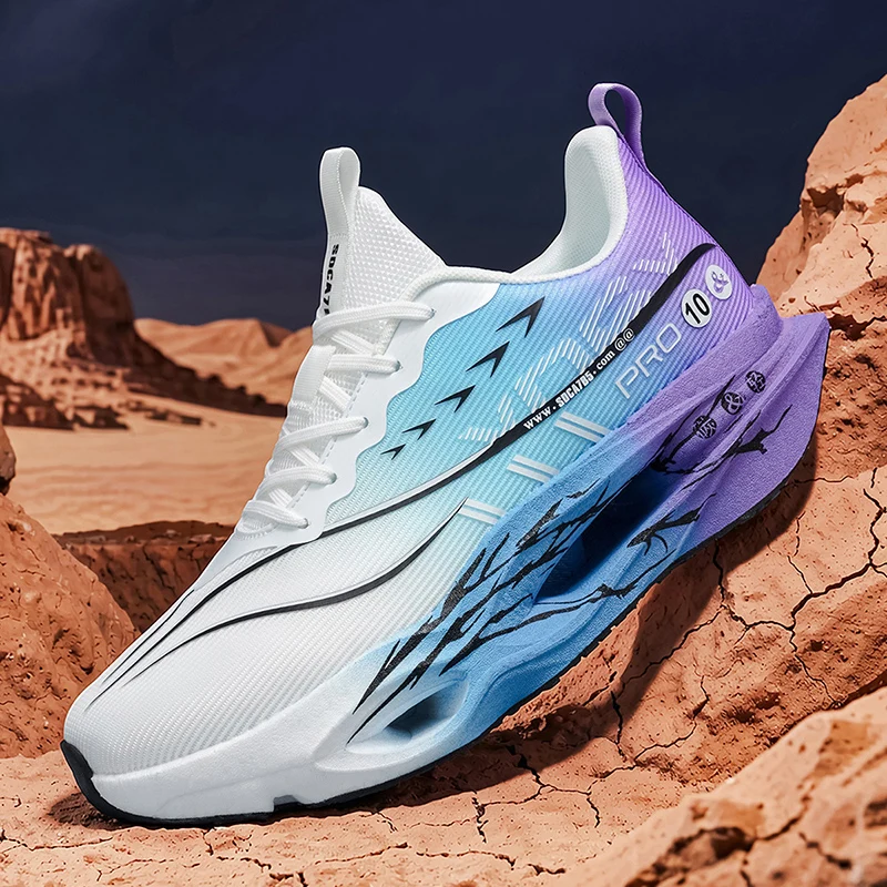 Men's casual sports shoes with carbon plate for running assistance, breathable mesh, comfortable low-top lace-up trail running shoes, zero drop thick sole, slow rebound, non-slip, suitable for gym jogging and camping