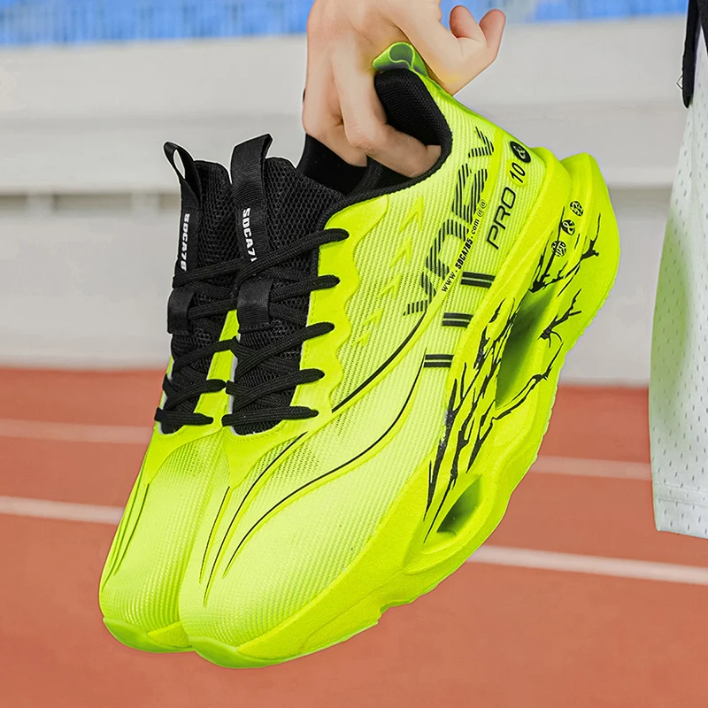 Men's casual sports shoes with carbon plate for running assistance, breathable mesh, comfortable low-top lace-up trail running shoes, zero drop thick sole, slow rebound, non-slip, suitable for gym jogging and camping