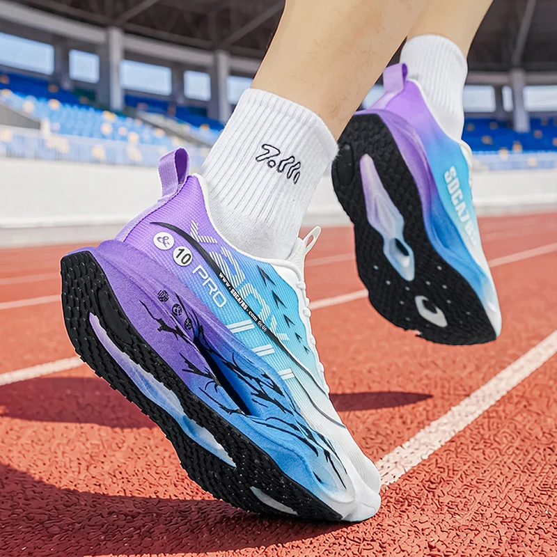 Men's casual sports shoes with carbon plate for running assistance, breathable mesh, comfortable low-top lace-up trail running shoes, zero drop thick sole, slow rebound, non-slip, suitable for gym jogging and camping