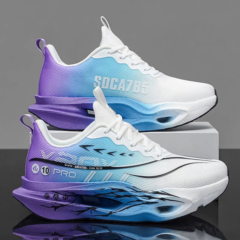 Men's casual sports shoes with carbon plate for running assistance, breathable mesh, comfortable low-top lace-up trail running shoes, zero drop thick sole, slow rebound, non-slip, suitable for gym jogging and camping