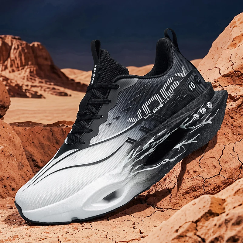 Men's casual sports shoes with carbon plate for running assistance, breathable mesh, comfortable low-top lace-up trail running shoes, zero drop thick sole, slow rebound, non-slip, suitable for gym jogging and camping