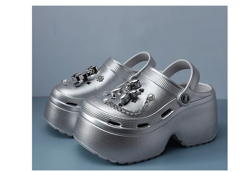 Women's Diy Clogs Summer 2026 Slip On Wedge Heels Chunky Platform Sandals Woman Silver Chain EVA Slippers Garden Shoes Woman