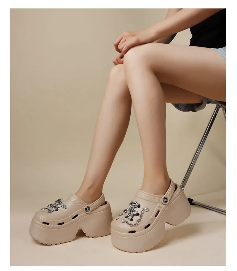 Women's Diy Clogs Summer 2026 Slip On Wedge Heels Chunky Platform Sandals Woman Silver Chain EVA Slippers Garden Shoes Woman