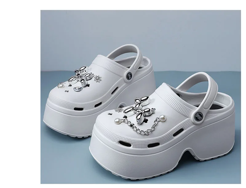 Women's Diy Clogs Summer 2026 Slip On Wedge Heels Chunky Platform Sandals Woman Silver Chain EVA Slippers Garden Shoes Woman