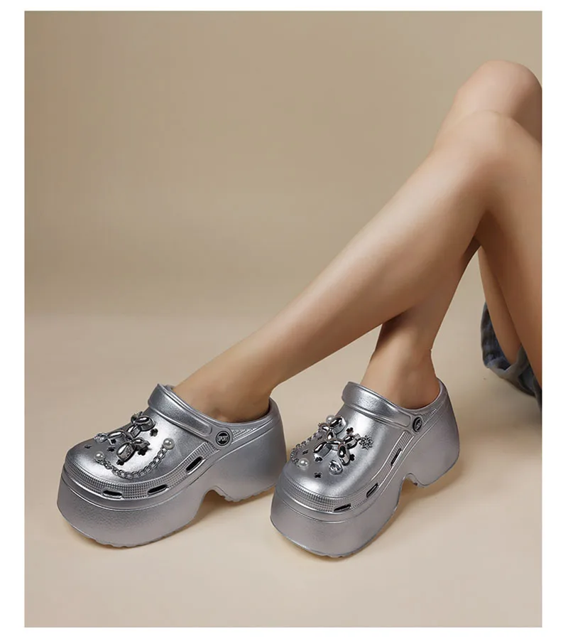 Women's Diy Clogs Summer 2026 Slip On Wedge Heels Chunky Platform Sandals Woman Silver Chain EVA Slippers Garden Shoes Woman
