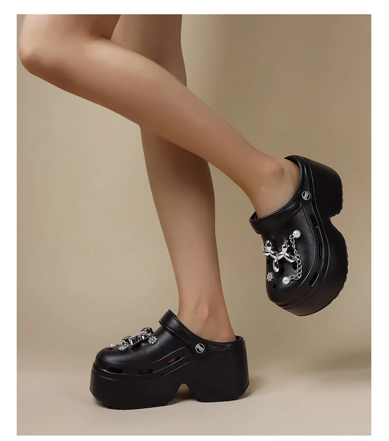 Women's Diy Clogs Summer 2026 Slip On Wedge Heels Chunky Platform Sandals Woman Silver Chain EVA Slippers Garden Shoes Woman