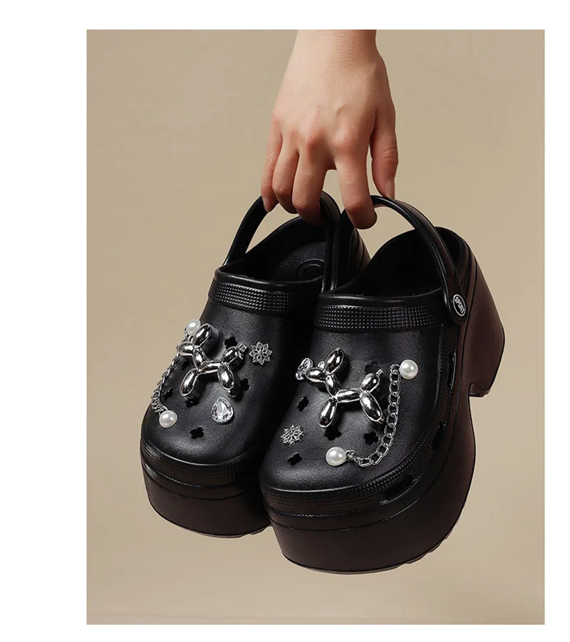 Women's Diy Clogs Summer 2026 Slip On Wedge Heels Chunky Platform Sandals Woman Silver Chain EVA Slippers Garden Shoes Woman