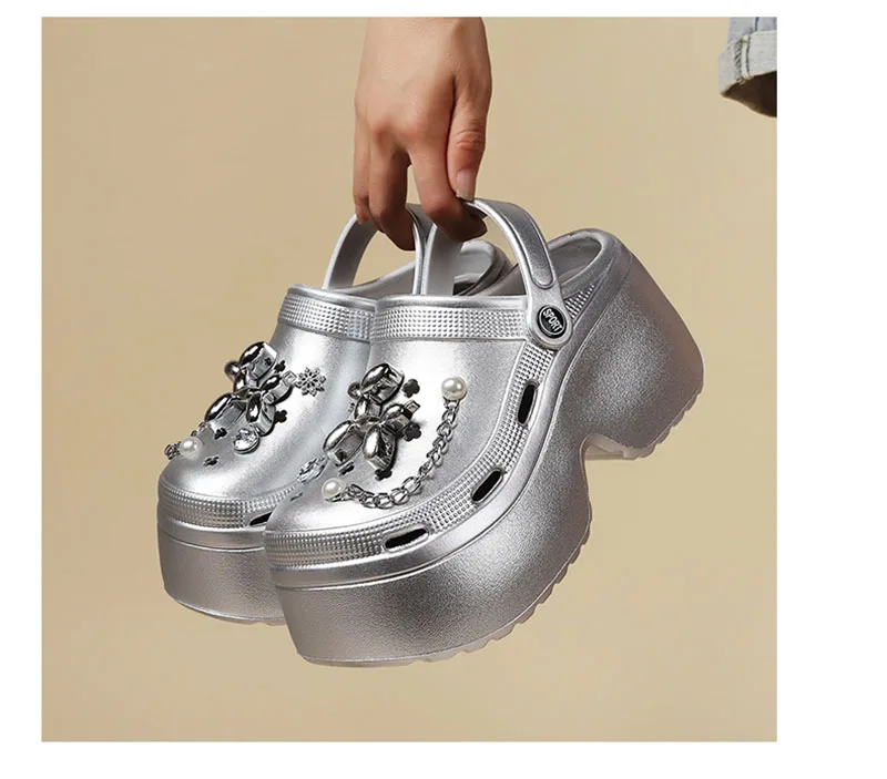 Women's Diy Clogs Summer 2026 Slip On Wedge Heels Chunky Platform Sandals Woman Silver Chain EVA Slippers Garden Shoes Woman