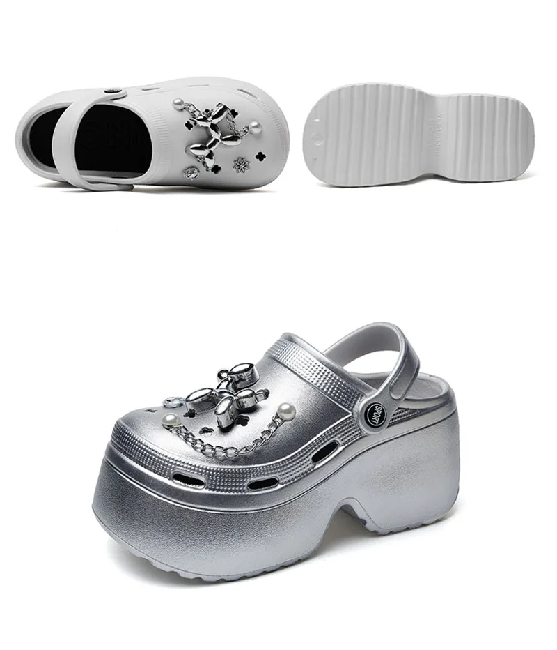 Women's Diy Clogs Summer 2026 Slip On Wedge Heels Chunky Platform Sandals Woman Silver Chain EVA Slippers Garden Shoes Woman