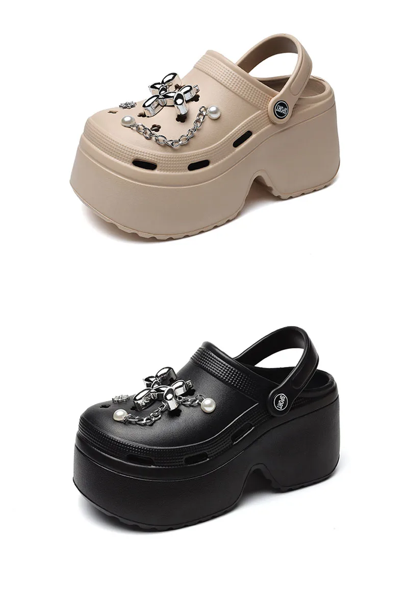 Women's Diy Clogs Summer 2026 Slip On Wedge Heels Chunky Platform Sandals Woman Silver Chain EVA Slippers Garden Shoes Woman