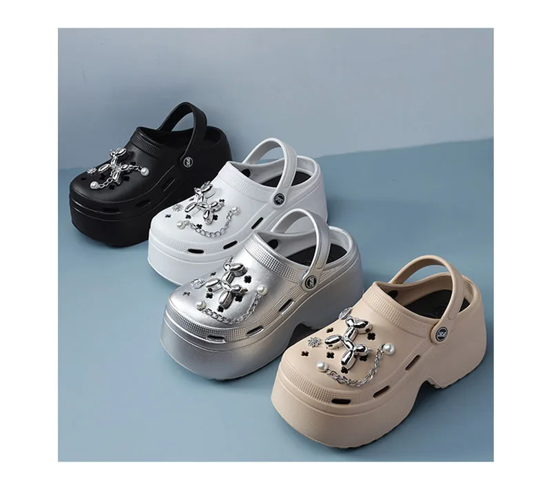 Women's Diy Clogs Summer 2026 Slip On Wedge Heels Chunky Platform Sandals Woman Silver Chain EVA Slippers Garden Shoes Woman