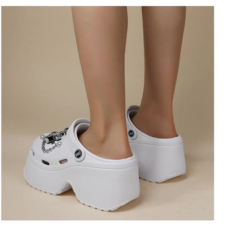 Women's Diy Clogs Summer 2026 Slip On Wedge Heels Chunky Platform Sandals Woman Silver Chain EVA Slippers Garden Shoes Woman