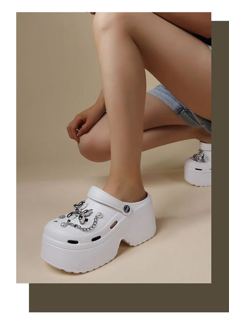 Women's Diy Clogs Summer 2026 Slip On Wedge Heels Chunky Platform Sandals Woman Silver Chain EVA Slippers Garden Shoes Woman