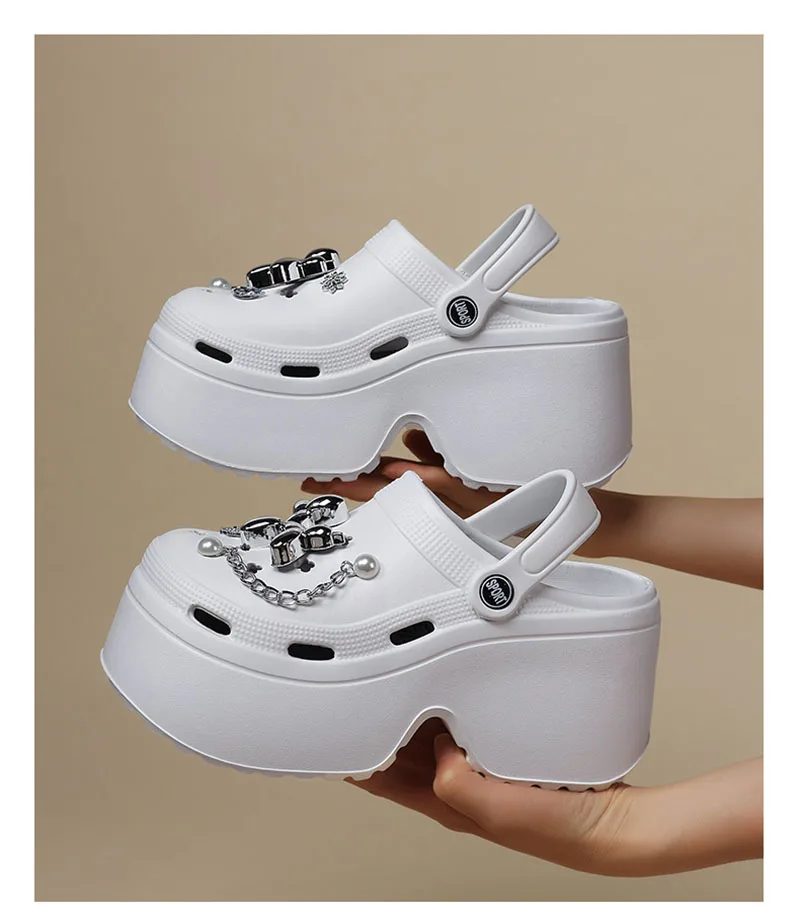 Women's Diy Clogs Summer 2026 Slip On Wedge Heels Chunky Platform Sandals Woman Silver Chain EVA Slippers Garden Shoes Woman