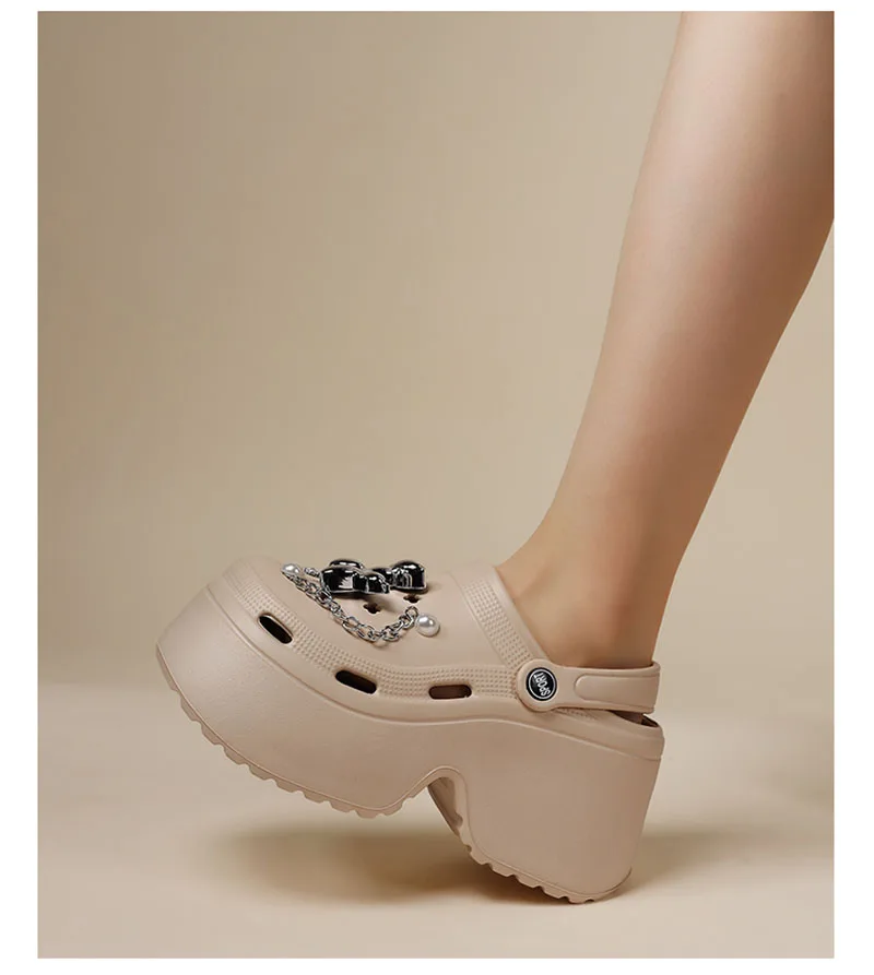 Women's Diy Clogs Summer 2026 Slip On Wedge Heels Chunky Platform Sandals Woman Silver Chain EVA Slippers Garden Shoes Woman