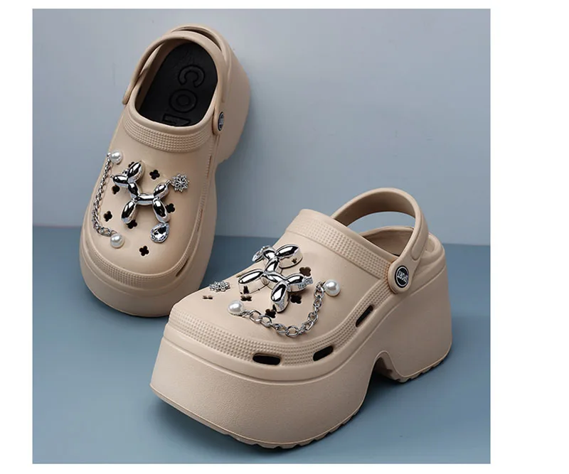 Women's Diy Clogs Summer 2026 Slip On Wedge Heels Chunky Platform Sandals Woman Silver Chain EVA Slippers Garden Shoes Woman