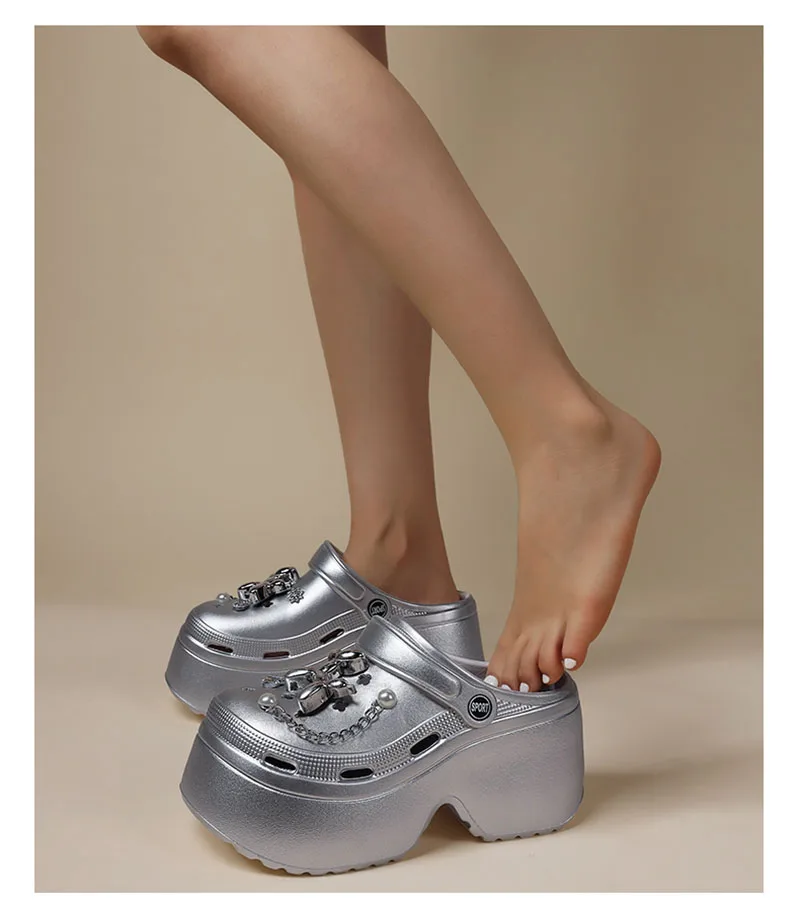 Women's Diy Clogs Summer 2026 Slip On Wedge Heels Chunky Platform Sandals Woman Silver Chain EVA Slippers Garden Shoes Woman
