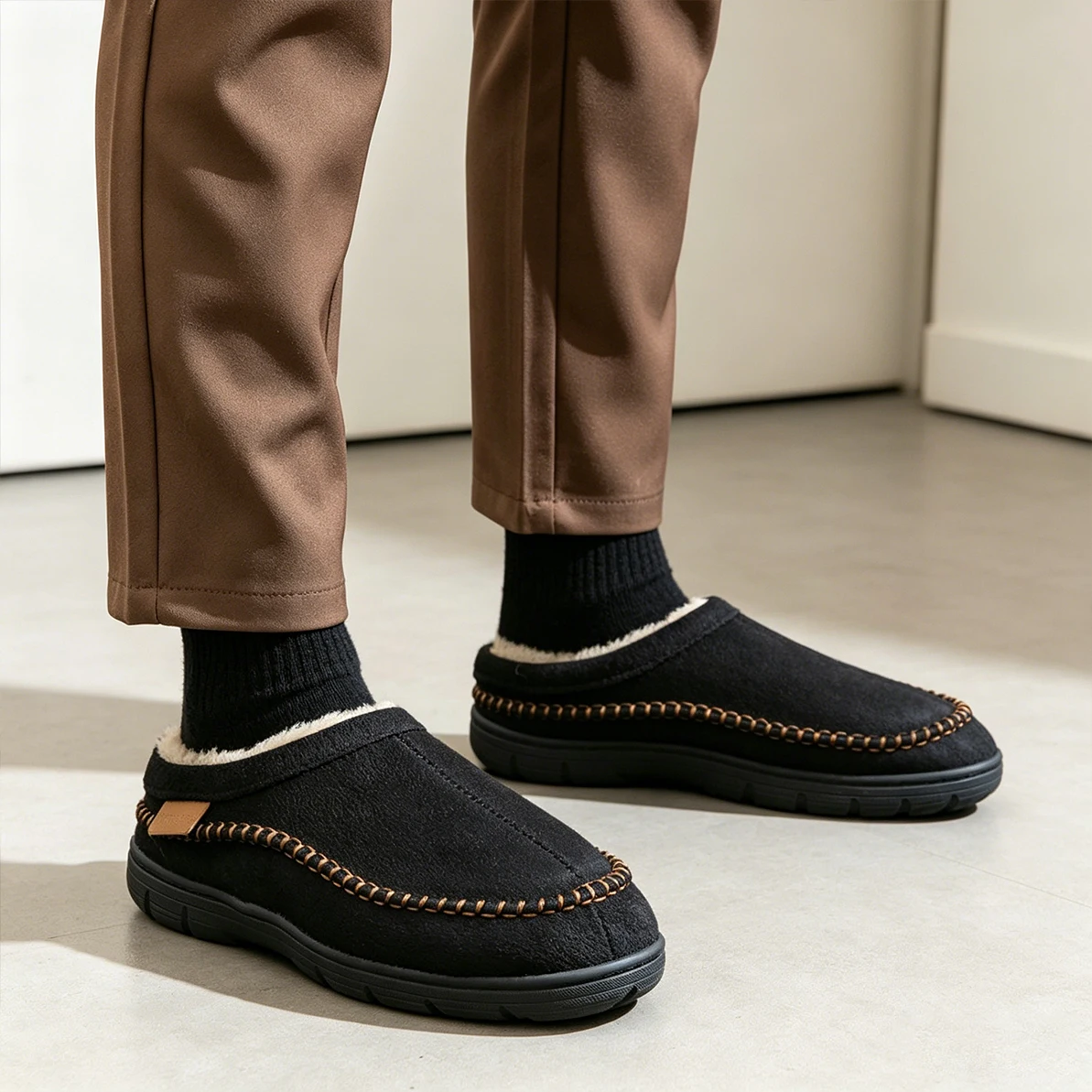 Winter Men's Suede Slippers TPR Sole anti Slip Warm and Comfortable Memory Cotton Living Room Casual Shoes