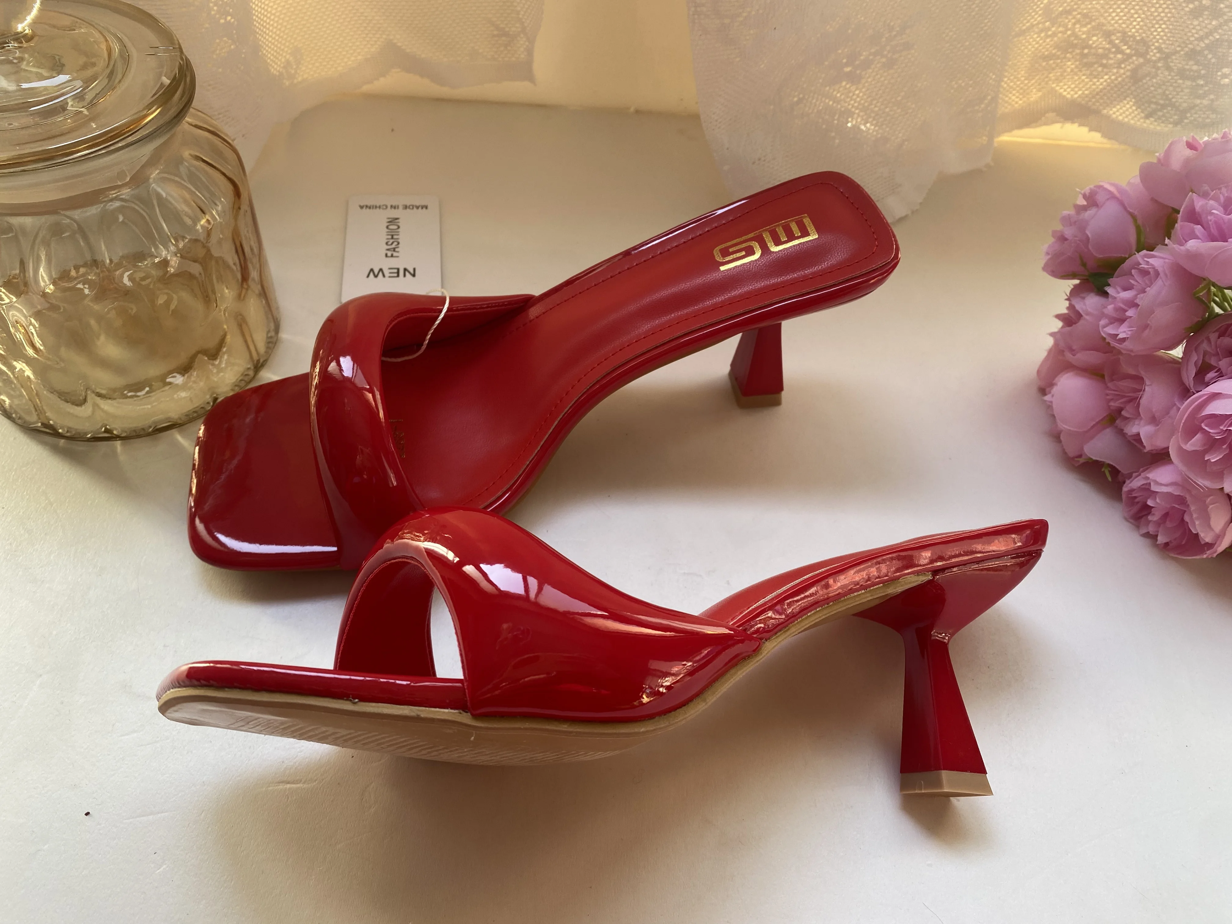 Black Red High Heel Slippers Women Open Toe Slingback Sandals Female Pumps Square Toe Summer Simple Designer Heeled Sandals