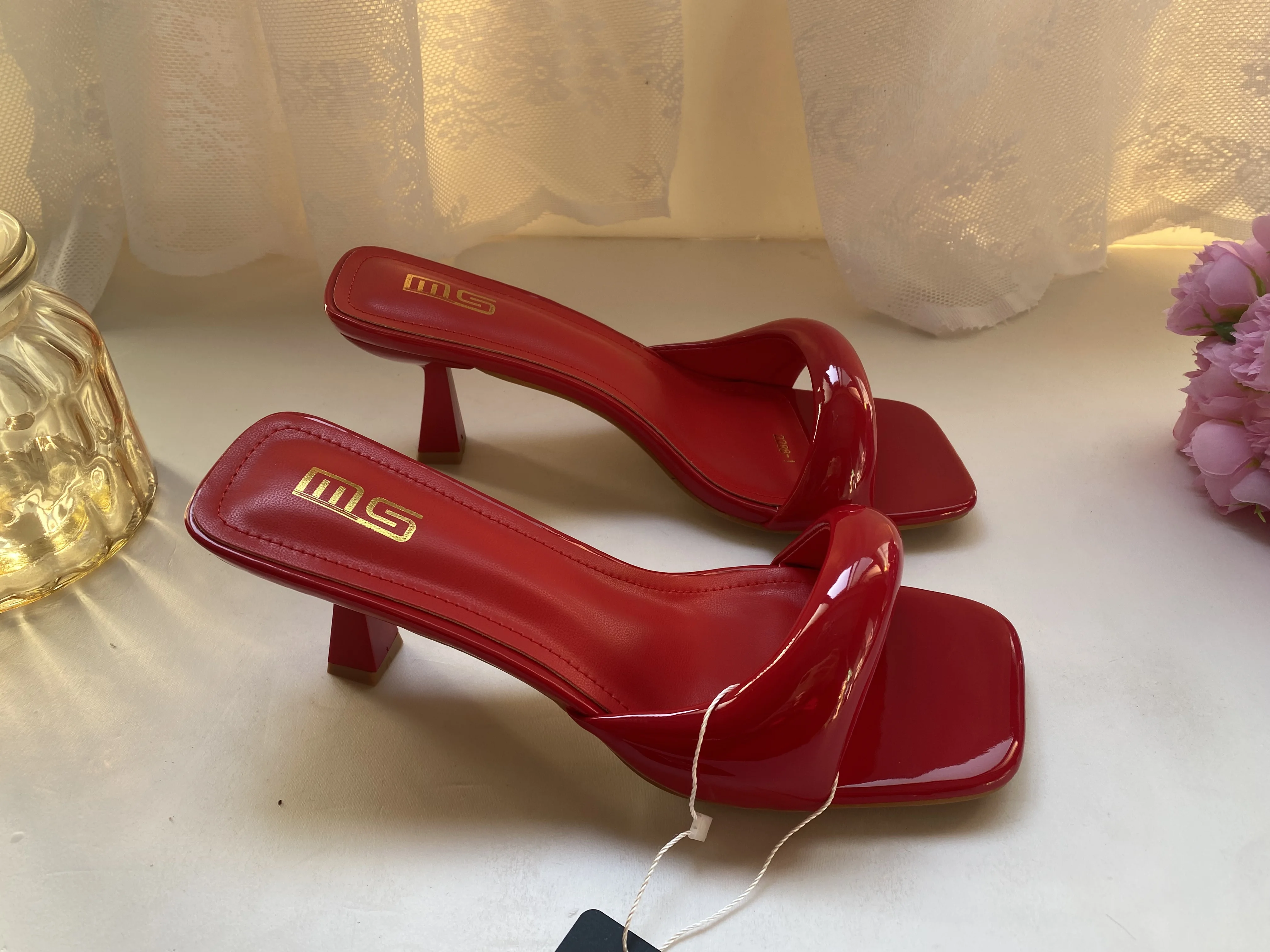 Black Red High Heel Slippers Women Open Toe Slingback Sandals Female Pumps Square Toe Summer Simple Designer Heeled Sandals