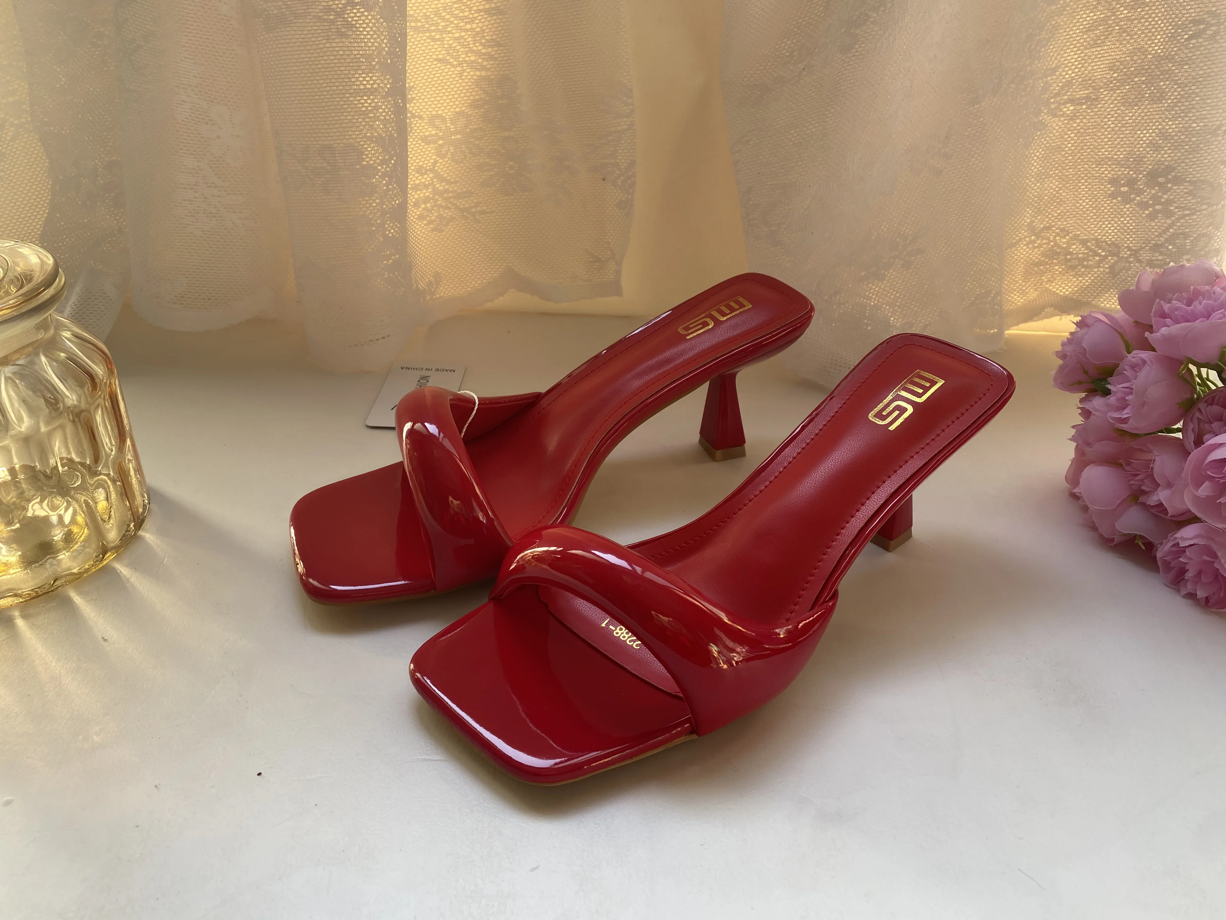 Black Red High Heel Slippers Women Open Toe Slingback Sandals Female Pumps Square Toe Summer Simple Designer Heeled Sandals