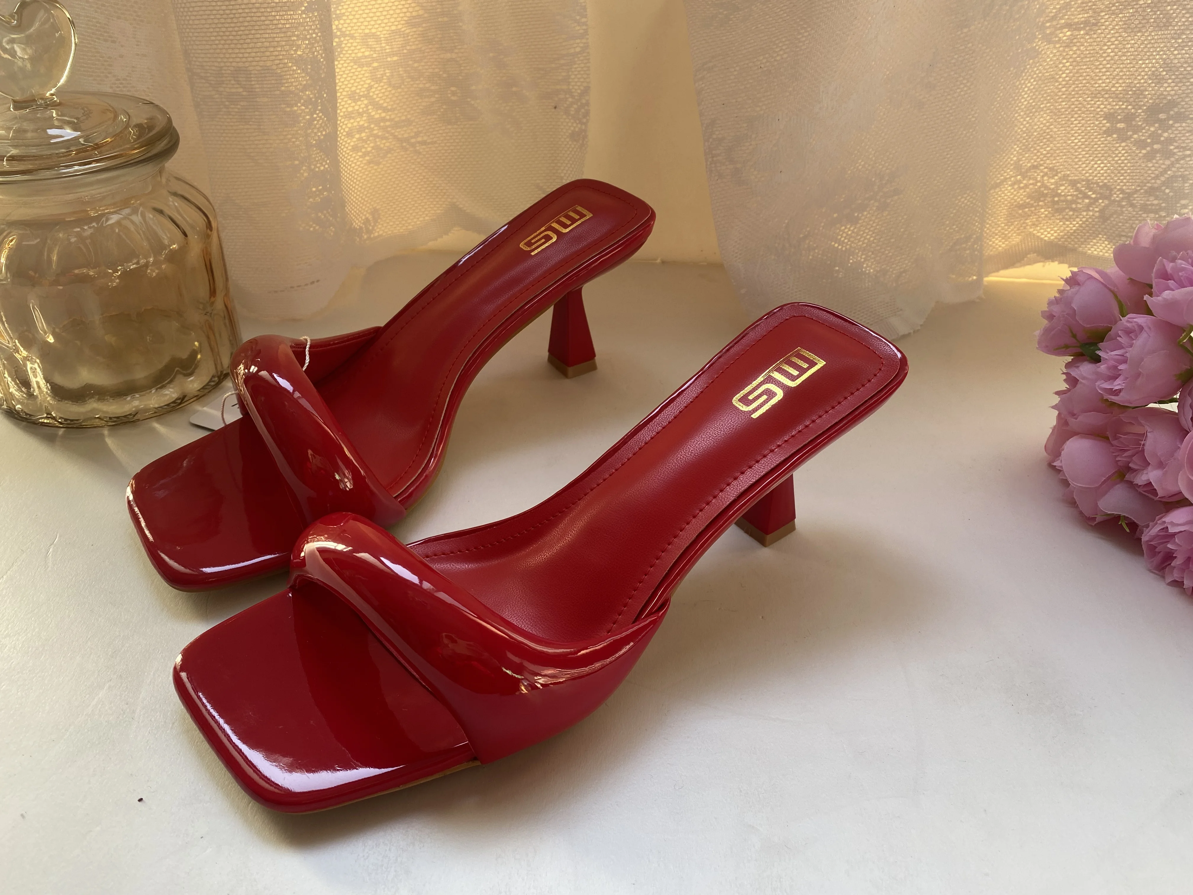 Black Red High Heel Slippers Women Open Toe Slingback Sandals Female Pumps Square Toe Summer Simple Designer Heeled Sandals