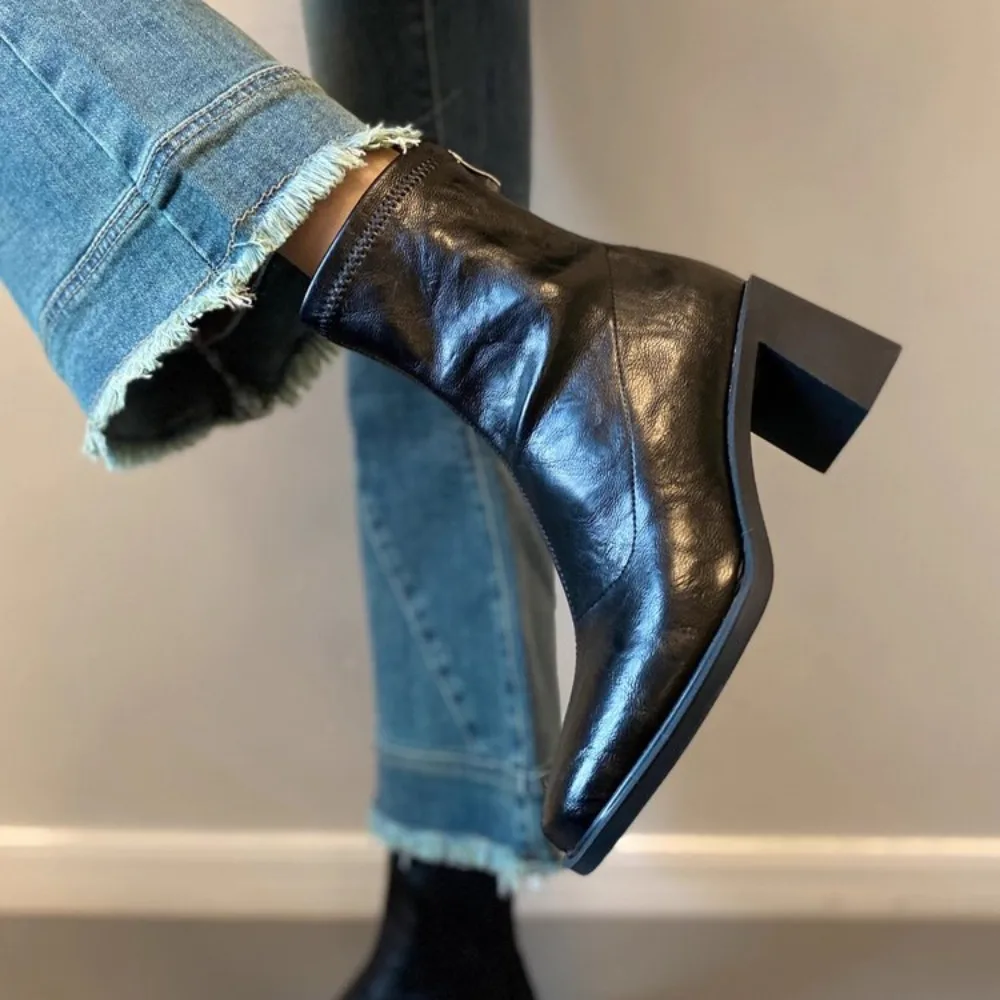 Autumn Vintage Elastic Slim Women Ankle Boots Fashion Soft Leather Shoes Ladies Elegant Thick Heel Mordern Short Booties