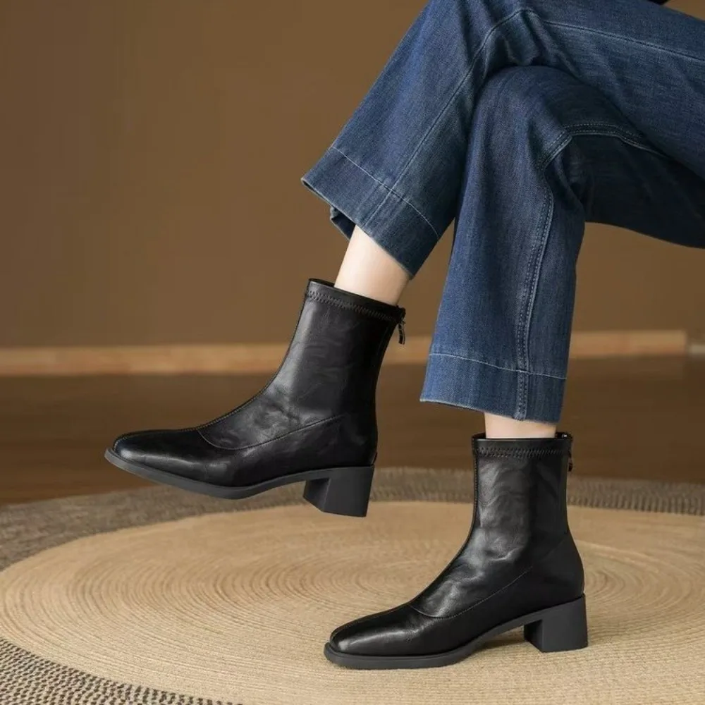 Autumn Vintage Elastic Slim Women Ankle Boots Fashion Soft Leather Shoes Ladies Elegant Thick Heel Mordern Short Booties