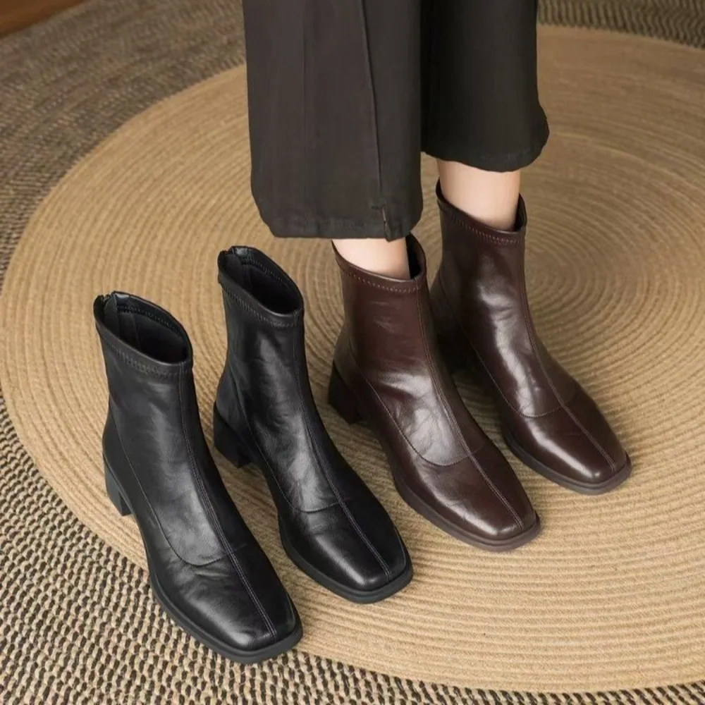 Autumn Vintage Elastic Slim Women Ankle Boots Fashion Soft Leather Shoes Ladies Elegant Thick Heel Mordern Short Booties
