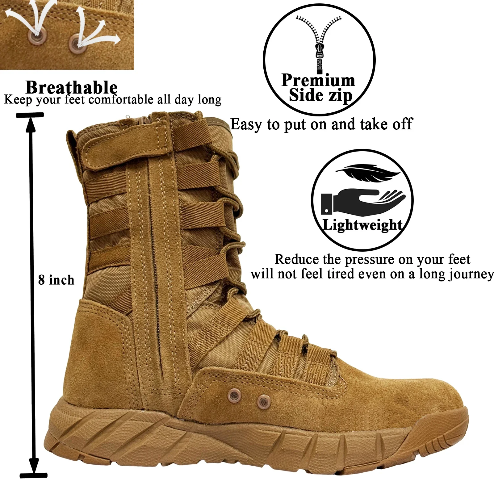 LAHORS® Lightweight Slip On Leather Tactical Combat Boot Men Outdoor Hiking Desert Army Shoe Breathable Male Ankle Boot Man made