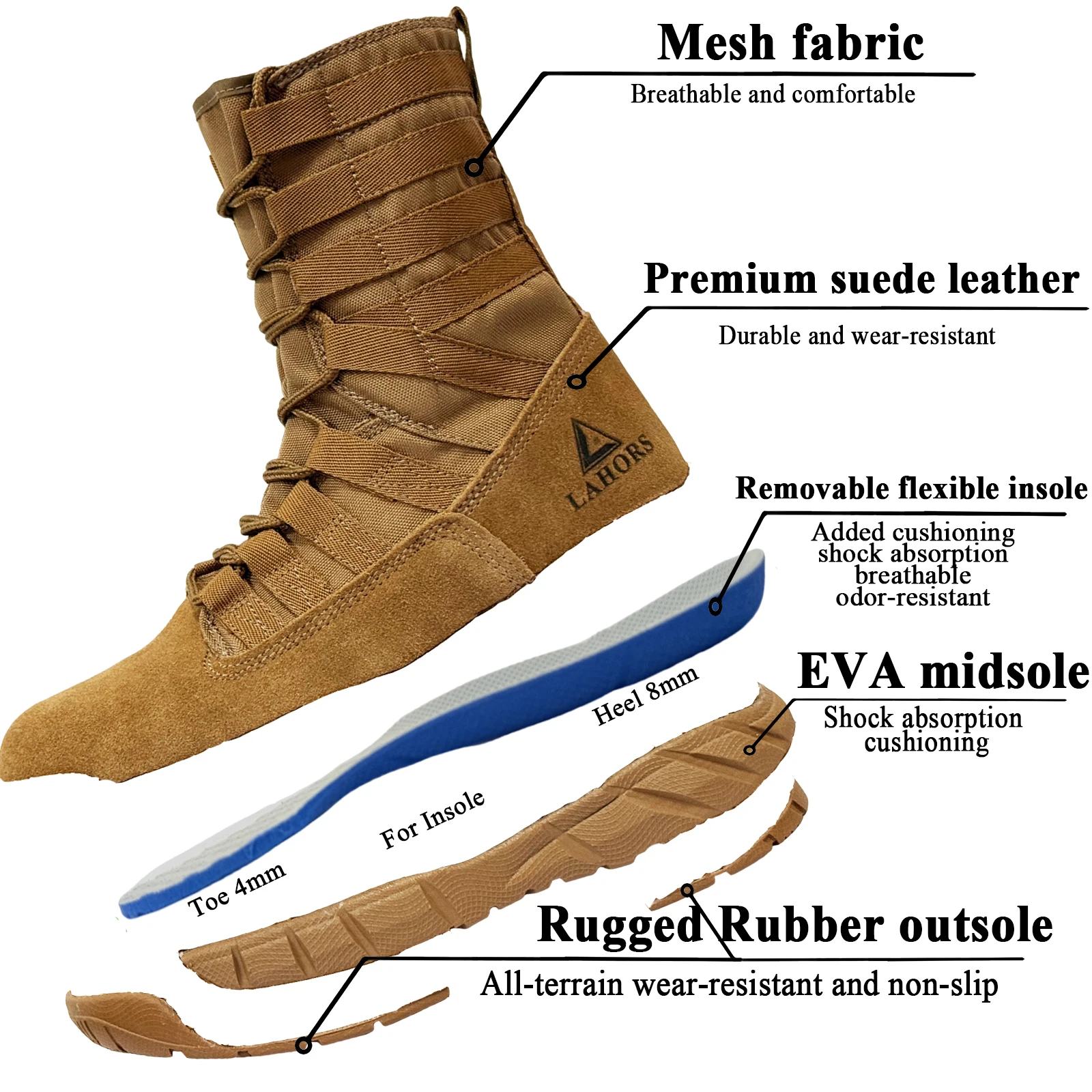 LAHORS® Lightweight Slip On Leather Tactical Combat Boot Men Outdoor Hiking Desert Army Shoe Breathable Male Ankle Boot Man made