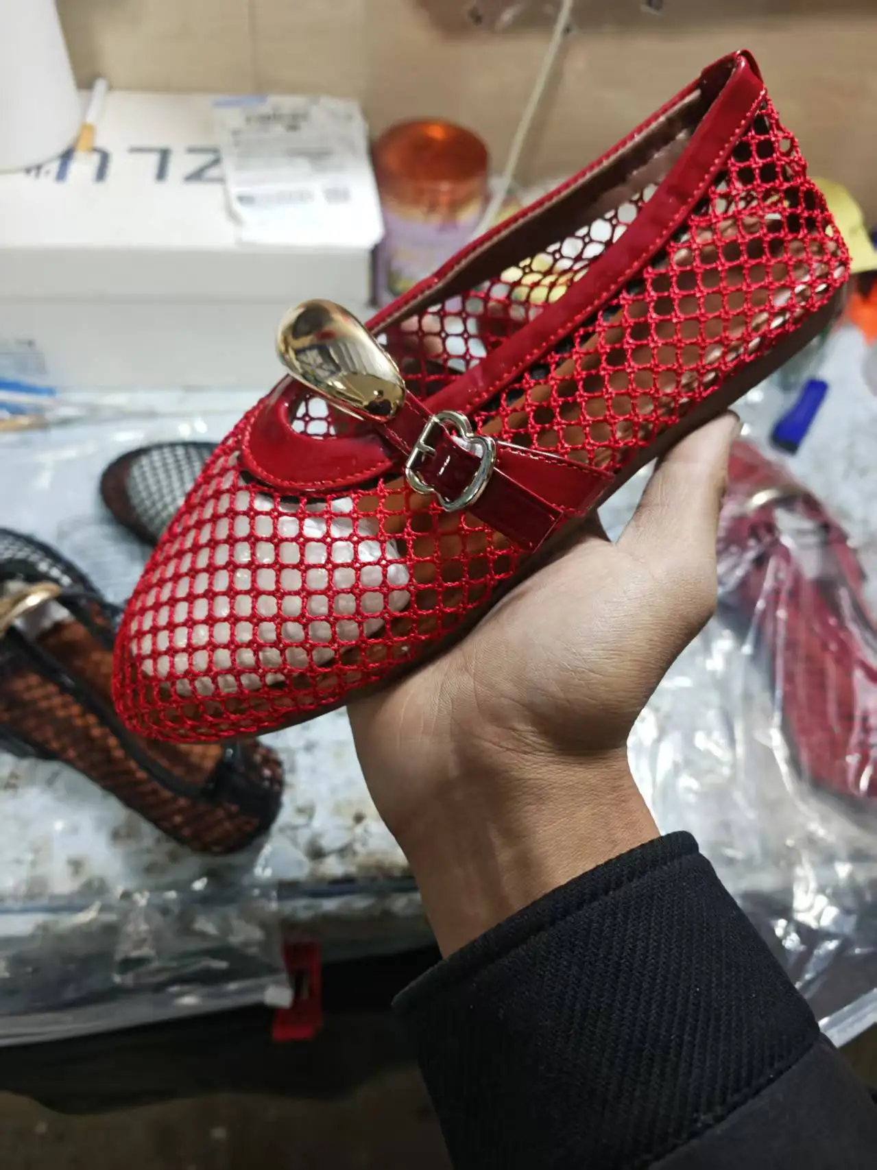 Mesh Black Ballet Shoes Female 2026 Summer New Flat Hollow Mesh Breathable Buckle Strap Single Shoes Fishnet Shoes Woman Sandals