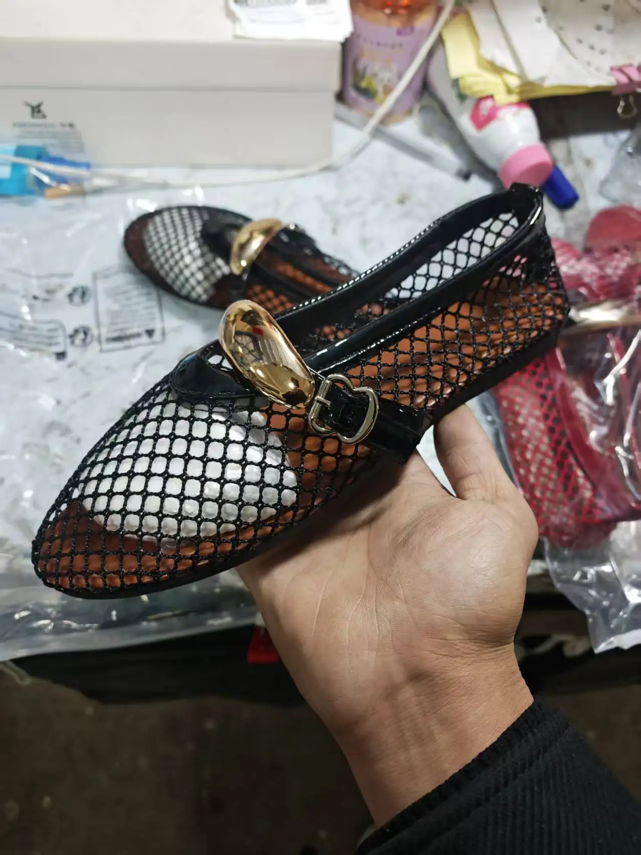 Mesh Black Ballet Shoes Female 2026 Summer New Flat Hollow Mesh Breathable Buckle Strap Single Shoes Fishnet Shoes Woman Sandals