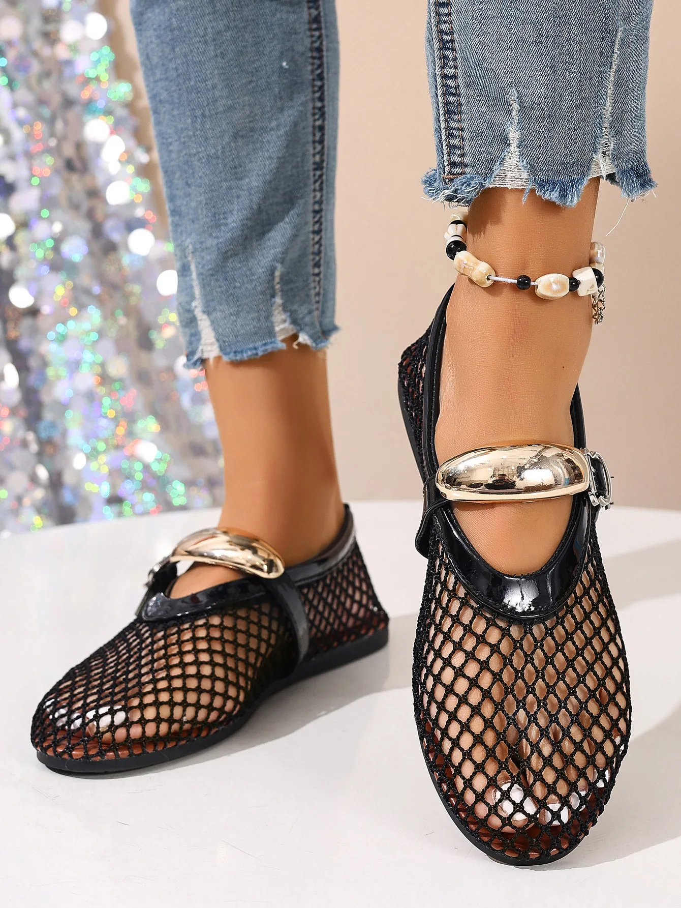 Mesh Black Ballet Shoes Female 2026 Summer New Flat Hollow Mesh Breathable Buckle Strap Single Shoes Fishnet Shoes Woman Sandals