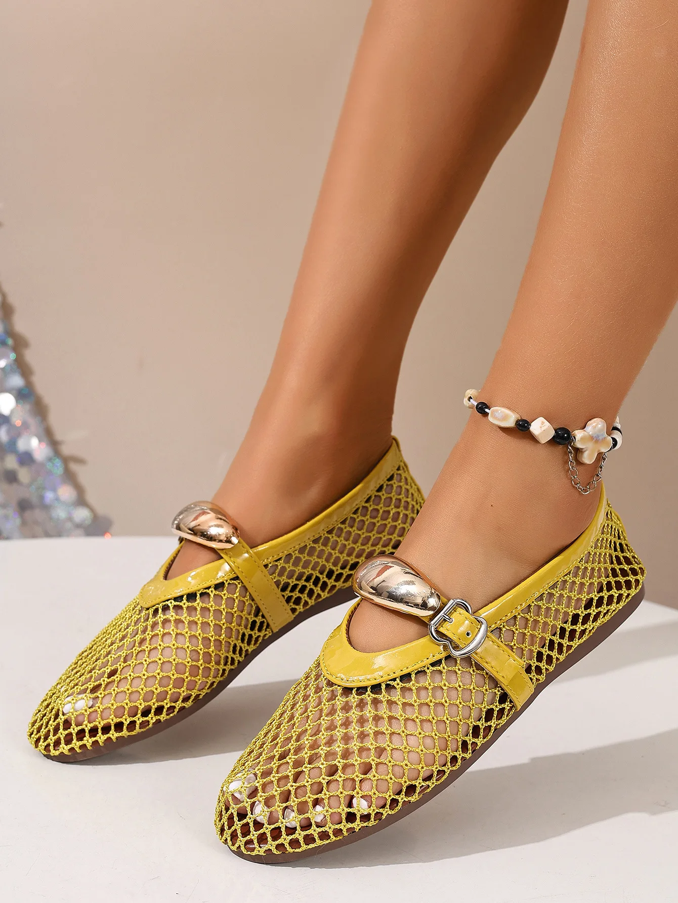 Mesh Black Ballet Shoes Female 2026 Summer New Flat Hollow Mesh Breathable Buckle Strap Single Shoes Fishnet Shoes Woman Sandals