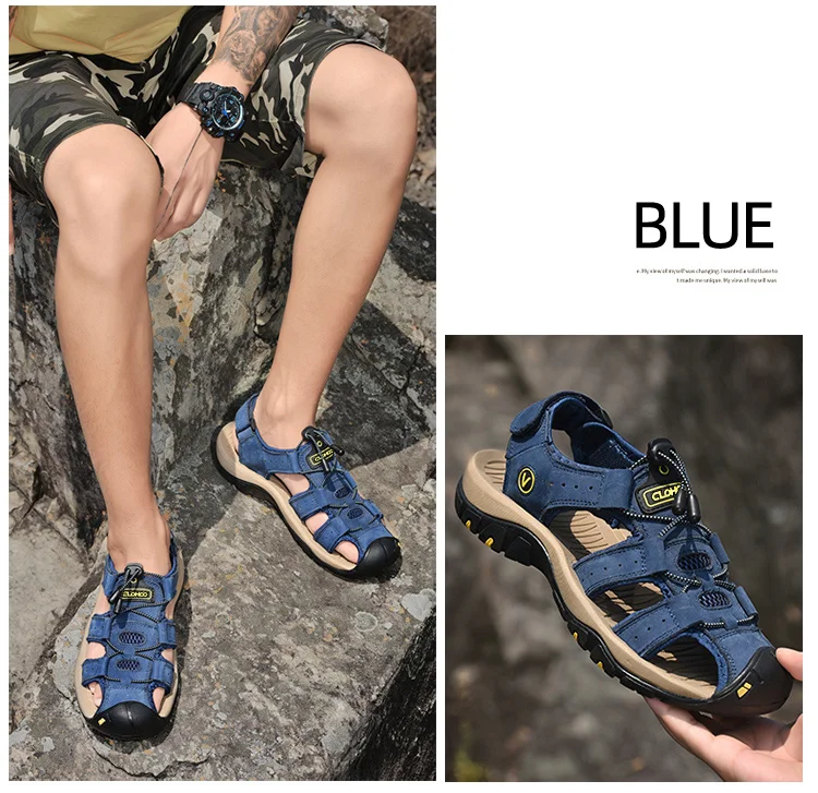 CLOHOO Men's Sandals Handmade Thick Bottom Rubber Breathable Casual Slip-On Beach Shoes Leather Upgraded Version