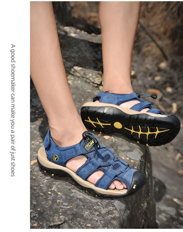 CLOHOO Men's Sandals Handmade Thick Bottom Rubber Breathable Casual Slip-On Beach Shoes Leather Upgraded Version