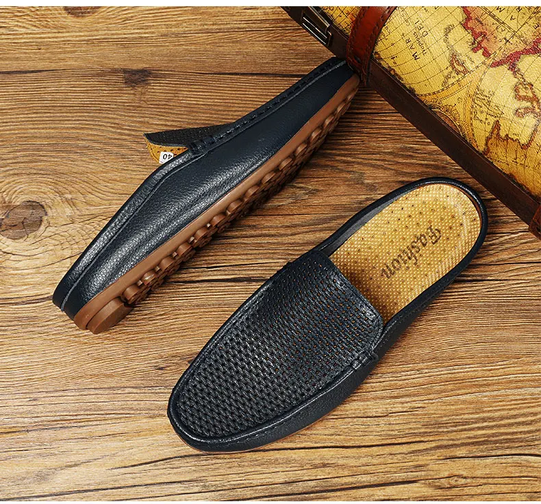 Italian Men Slippers Genuine Leather Loafers Moccasins Outdoor Non-slip Black Casual Slides Summer Spring Fashion Shoes 2020