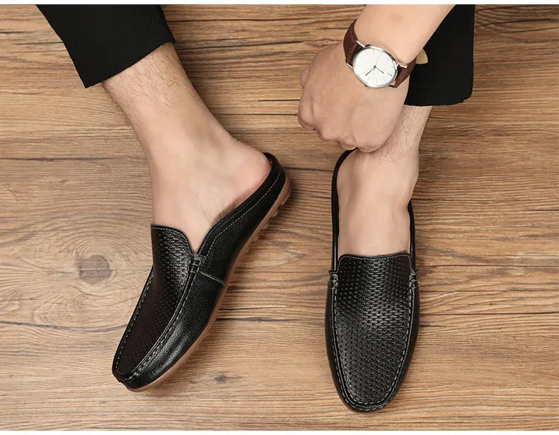 Italian Men Slippers Genuine Leather Loafers Moccasins Outdoor Non-slip Black Casual Slides Summer Spring Fashion Shoes 2020
