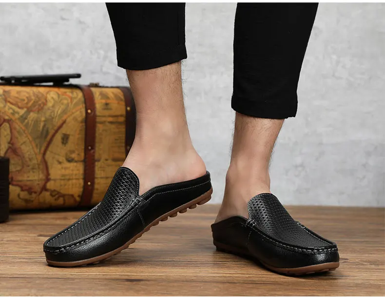Italian Men Slippers Genuine Leather Loafers Moccasins Outdoor Non-slip Black Casual Slides Summer Spring Fashion Shoes 2020