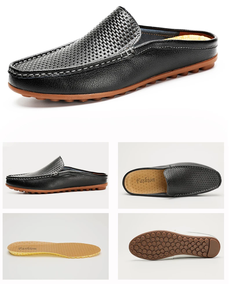Italian Men Slippers Genuine Leather Loafers Moccasins Outdoor Non-slip Black Casual Slides Summer Spring Fashion Shoes 2020