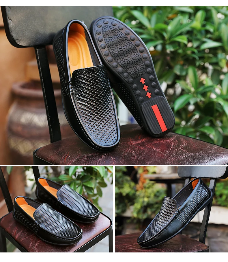 Italian Men Slippers Genuine Leather Loafers Moccasins Outdoor Non-slip Black Casual Slides Summer Spring Fashion Shoes 2020